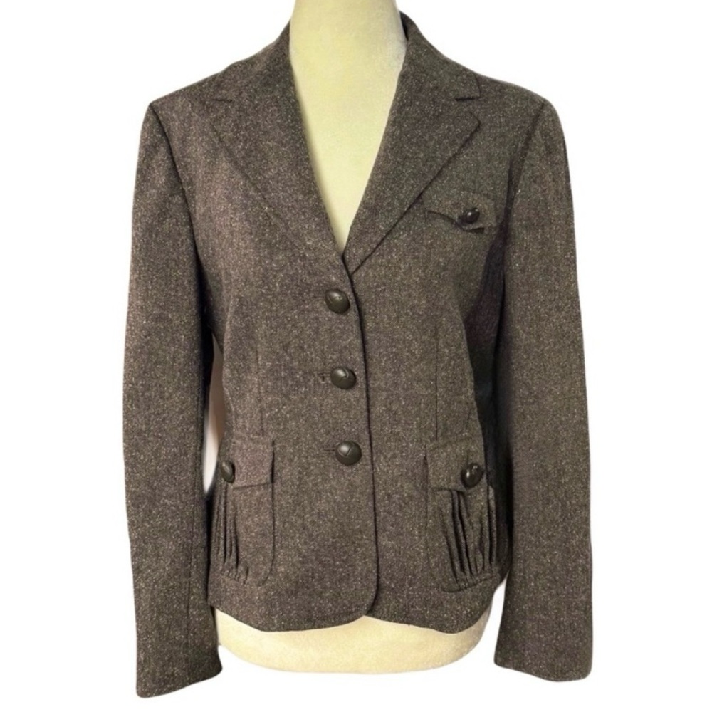 Ann Taylor brown tweed tailored blazer leather buttons elbow patches 10 petite